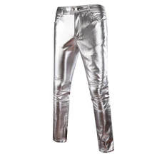 Мужские брюки, модные однотонные, средняя талия, молния, летающие колготки, повседневные брюки из искусственной кожи, серебристые, золотые