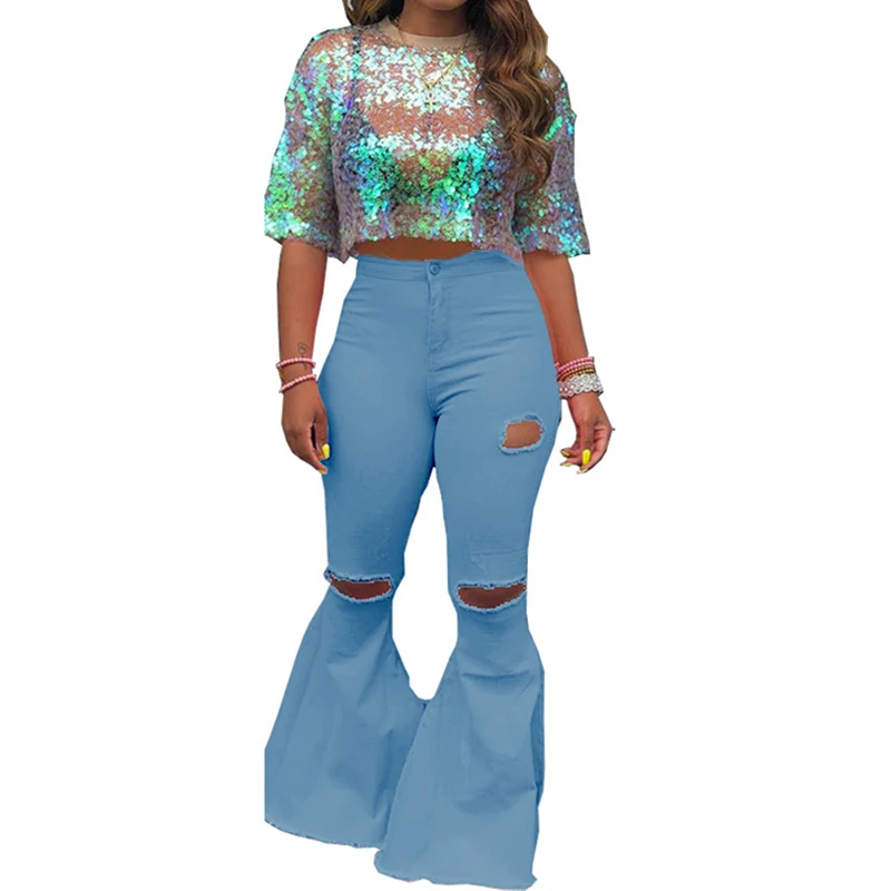 Plus Size S-3XL Sexy Ripped Holes Zipper Women Washed Denim Flare Pants Femme Solid Casual Streetwear Slim Hip Hop Jeans SJ4645Y
