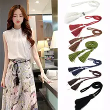 

Hot Sales Fashion Women Thin Skinny Waistband Weave Braided Tassel Belt Dress Accessory