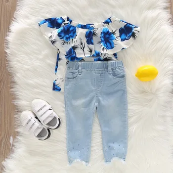 

2020 New Baby Girls Outfits Ruffle Girls Clothes Jeans Set Blue Off Shoulder Rose Kids Denim Clothing Denim Pant with Shirt D30