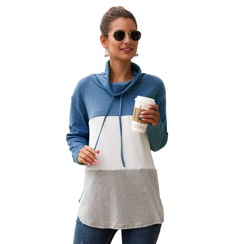 

2019 Autumn Fashion Stiching T-shirt Tops Long-sleeve Stand Collar Drawstring T shirts Patchwork Casual Women's Shirt