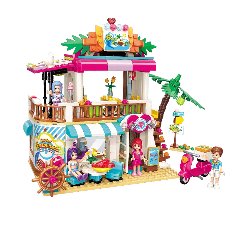 

ENLIGHTEN Friends Seaside Seafood Restaurant House Hotel Motorcycle Lobster Building Blocks Sets Kids Kits Compatible
