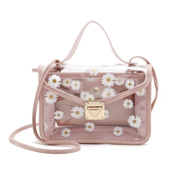 

Creative Transparent Daisy Pattern Shoulder Bag Hardware Casual Lock Cover Chain Strap Color Block Messenger Composite Handbag