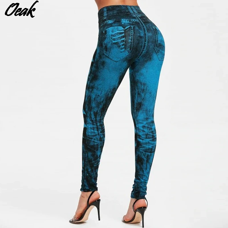 

Women Gym Leggings Faux Denim Jeans Leggings Pocket Printing Leggings Casual High Waist Pencil Pants Plus size Yoga Pants