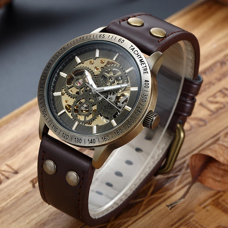New Brown Strap Retro Steampunk Men's Mechanical Watch Locomotive Gear Literal Automatic Male Wristwatches Relogio Masculino