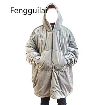 

Microfiber Plush Coral Fleece Sherpa Blanket With Sleeves Super Soft Warm Outdoor Pocket Hoodie Adult Winter Hooded TV Blankets