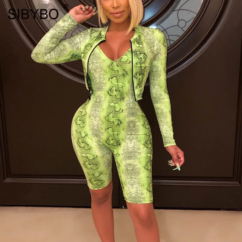 

SIBYBO Snake Skin Print Casual Two Piece Set Women Long Sleeve Slim Women Jacket and Playsuit Autumn Ladies Set