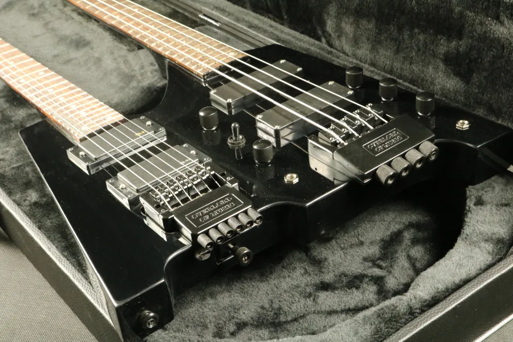 In Stock Headless Electric Guitar Bass T-01 Black Flamed Maple Top Double Neck Set In Neck Guranteed Quality Free Shipping