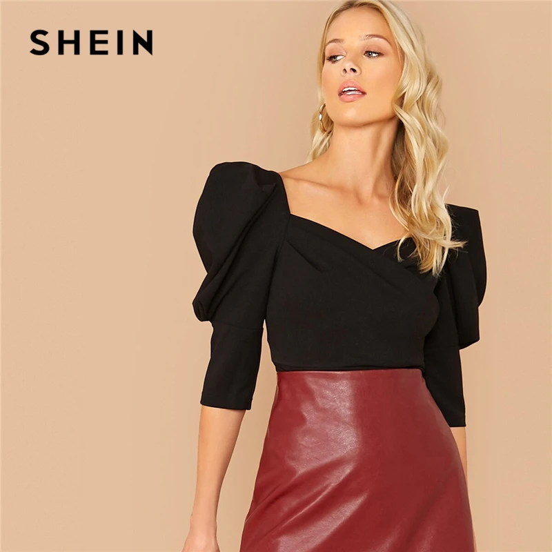 Comprar SHEIN negro sólido Puff manga Sweetheart cuello blusa Top mujeres primavera otoño Wrap frente Oficina señoras elegantes y blusas Tops