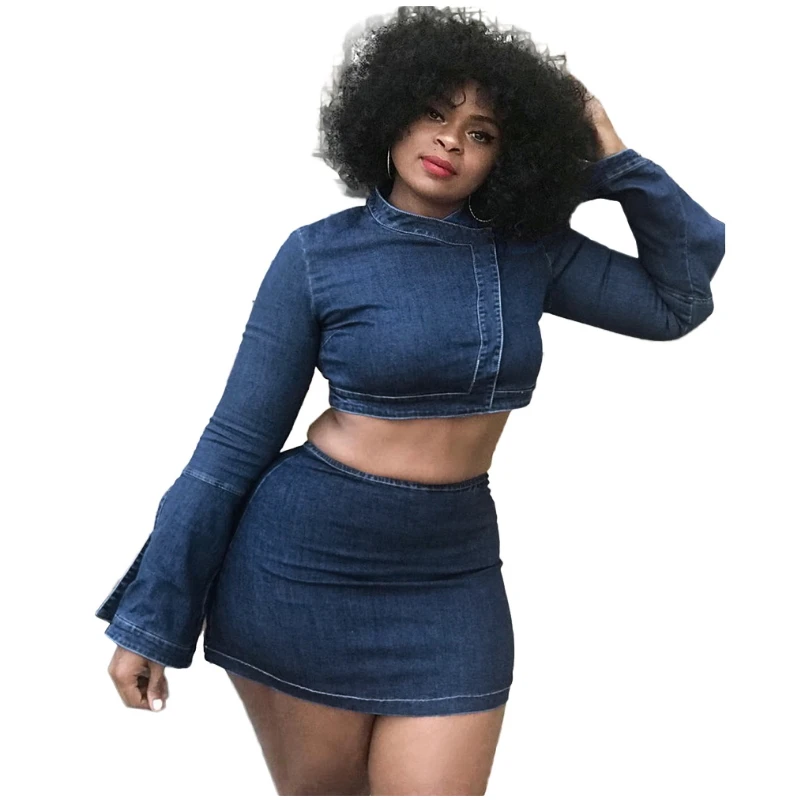 

2019 Autumn Denim Dress Mini Flare Sleeve Zipper Crop Top Pencil Two Piece Set Women Jeans Sweet Girl Sexy Casual Vestidos Suits