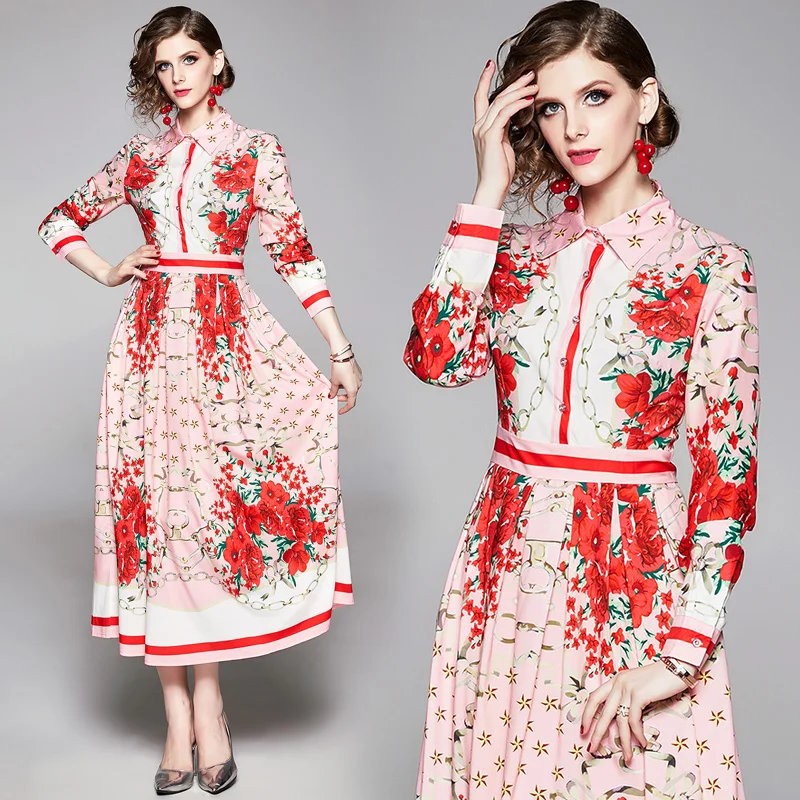

designer dresses runway high quality autumn casual New flower print temperament long A-line dress fashion women dress