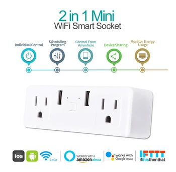 

WiFi Smart Remote Control US Standard Socket Alexa Dual Port USB Power Socket Works With Google Home Alexa IFTTT Voice Control