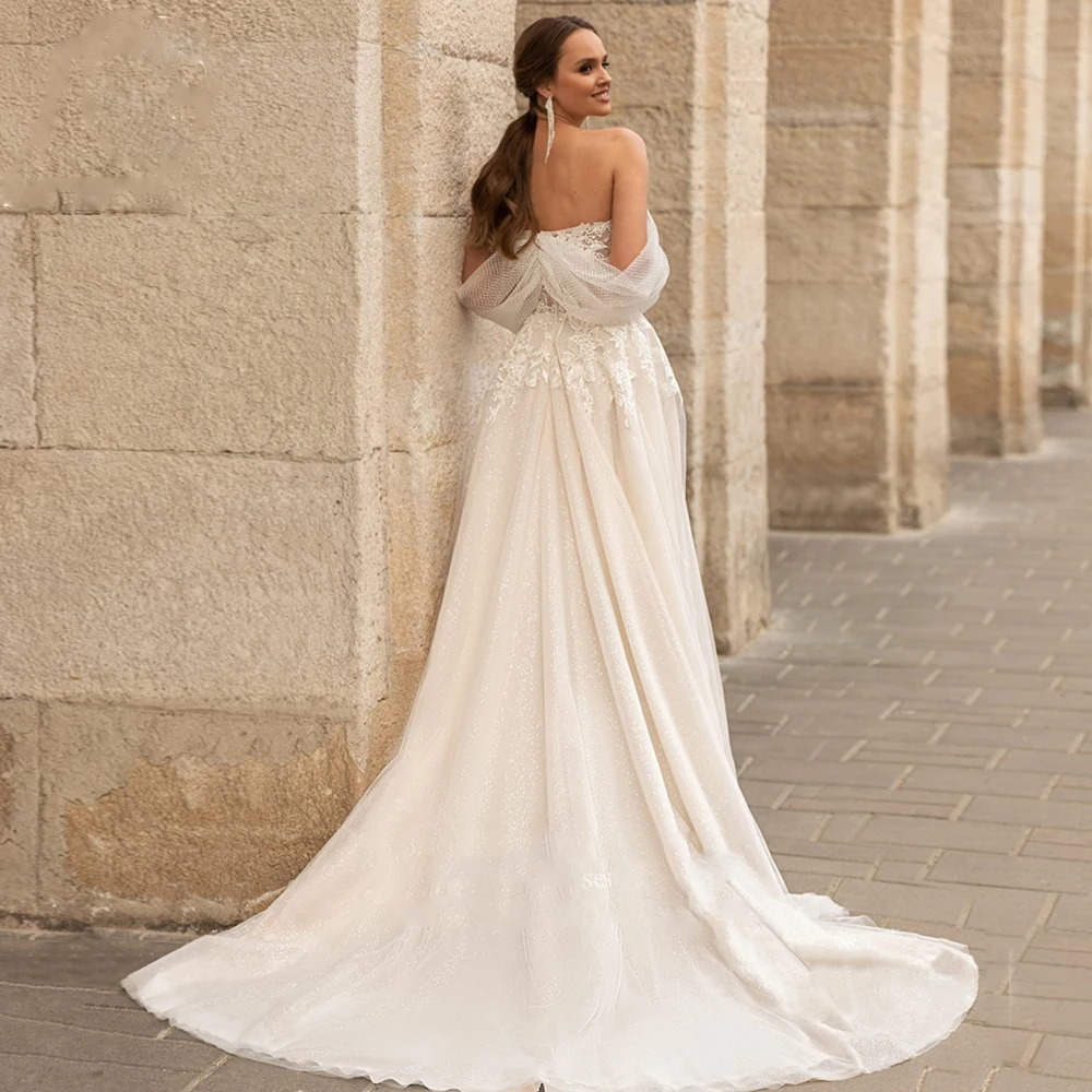 Modest White A-Line Wedding Dress 2022 Elegant Appliques Off the Shoulder Sweetheart Backless Flowy Shiny Polka Dot Bridal casual wedding dresses