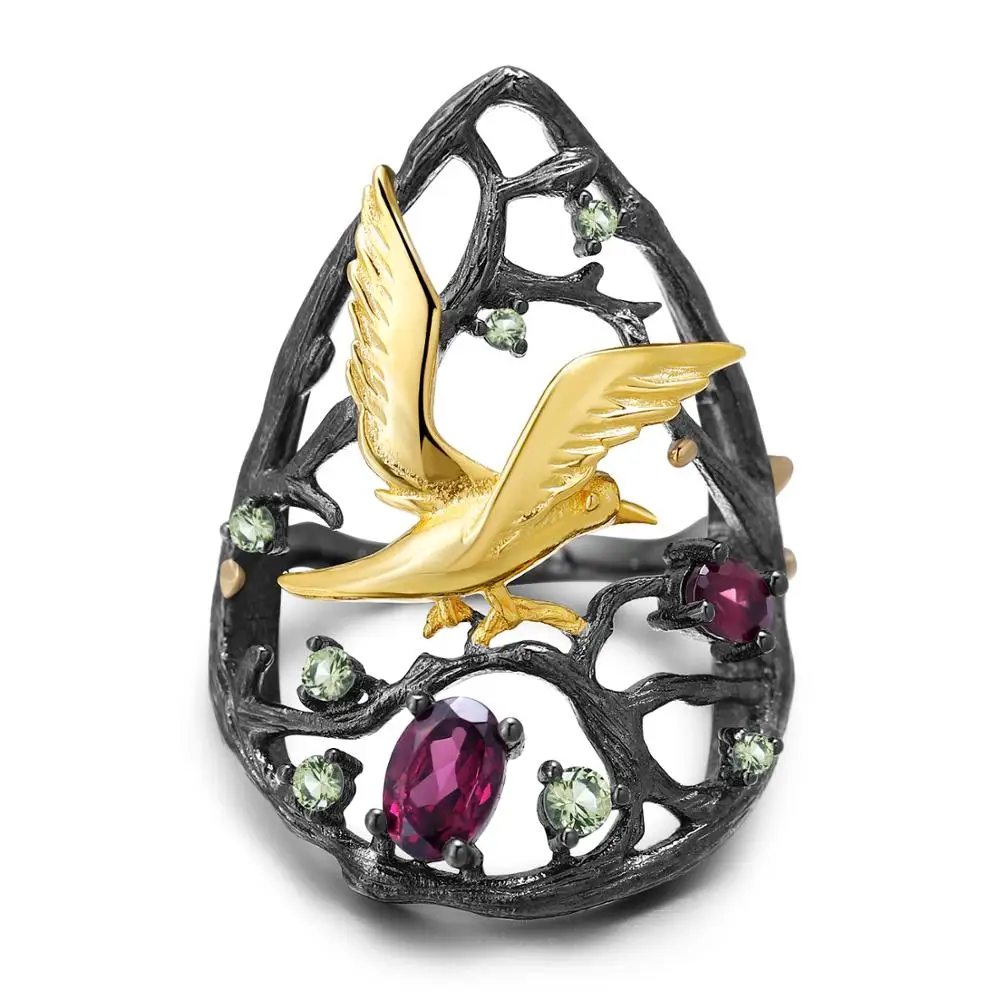 

GEM'S BALLET 925 Sterling Silver Handmade Ring 0.85Ct Natural Rhodolite Garnet Bird Tree Pear Rings for Women Gemstones Jewelry