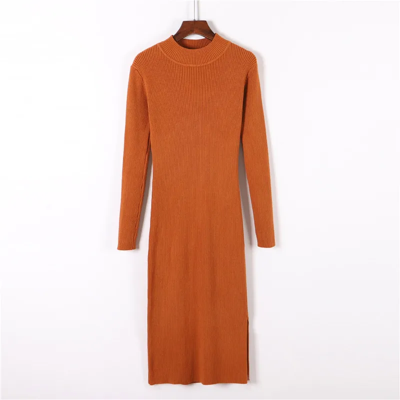 SINGRAIN женское длинное трикотажное платье-карандаш, Осеннее эластичное теплое однотонное облегающее платье с высоким воротом, зимнее трикотажное платье-свитер с разрезом