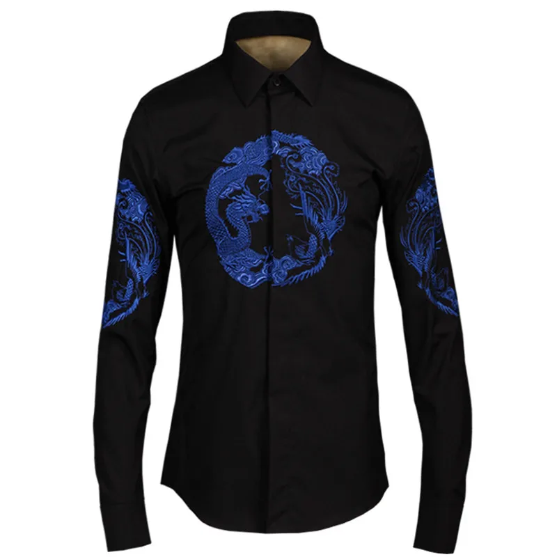 

Chinese traditional pattern high quality long sleeve cotton shirt mens brand casual black mens shirts spring fashion shirt male