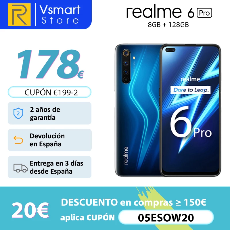 Smartphone Realme 6 Pro versión Global, 8GB, 128GB, pantalla de 6,6 pulgadas, 90Hz, Snapdragon 720G, 64MP cuádruple de cámara, 4300mAh, 30W, carga rápida; código: ; código: 05ESOW20(€150-20) 05ESOW14(€100-14)