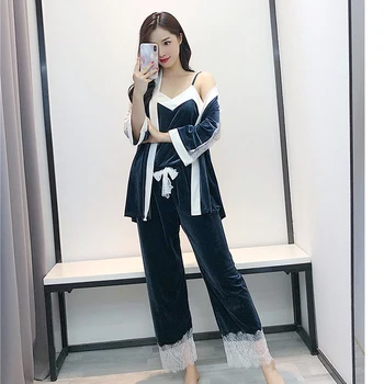 

Lace Long Sleeve Velour Sleepwear Nightgown Casual Gray Bathrobe Gown 3PCS Home Clothing Novelty Kimono Bathrobe Gown Negligee