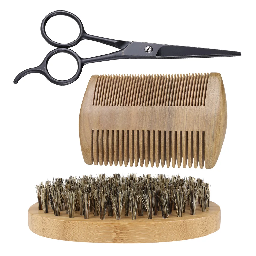 

3Pcs/set Boar Bristle Men's Shaving Brush Beard Comb Scissor Kit Male Face Cleaning Beard Brush Shaving Scissor Hair Brush Set