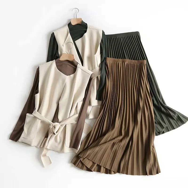 

2019 Autumn Knitted Womens Three Pieces Set Clothes Women's Knitted Suit Set Pullovers And Pleated Long Skirt Women's Tracksuit