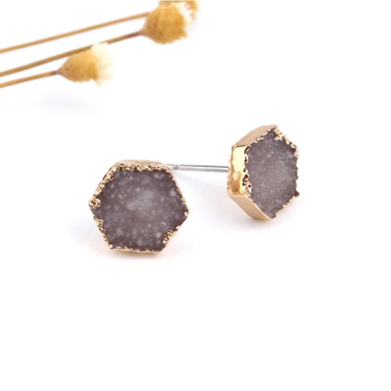Fashion Bijoux Bohemian Female Slopes Geometric Small Hexagon Earrings Women Jewelry Druzy Resin Stud Earrings Earstuds