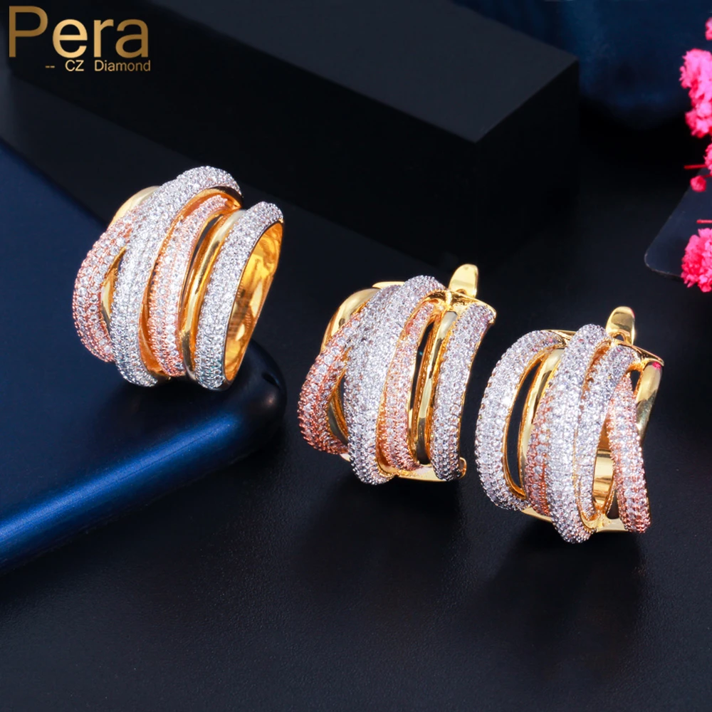 Pera Luxury 3 Tone Gold African CZ Stone Multiple Circles Cross Hoop Earrings and Ring Sets for Women Costume Party Jewelry J435 vintage style bridal sets