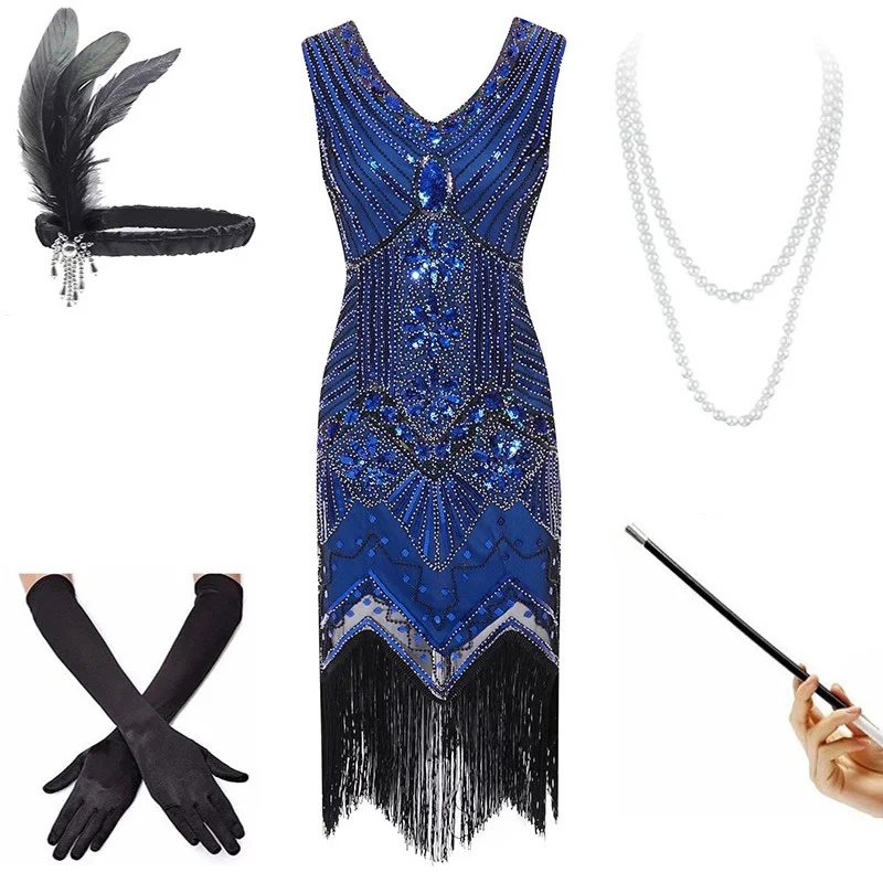 Blue Set Винтажное платье размера плюс S1920s Gastby с блестками и сеткой в стиле модерн, украшенное бахромой, черный/зеленый/белый/золотой - Цвет: Blue Set