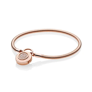 

NEW 100% 925 Sterling Silver Classic Logo Charm Lock Smooth Rose Bracelet Signature Padlock Clear CZ DIY Bead Jewelry