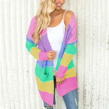 

Fashion 2019 Multi-Color Patchwork Rainbow Sweater Striped Loose Sweaters Women Jacket Autumn Sweater Women Long Cardigans