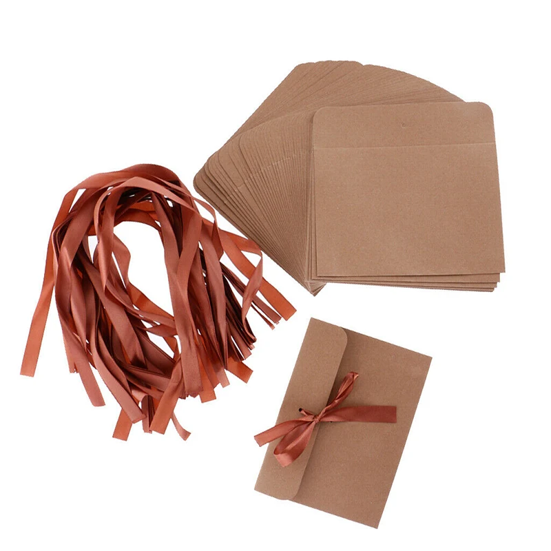  50pcs Set Retro Style Kraft Paper Envelopes For Wedding Invites Greeting+Ribbons Red / Yellow / Bro - 4000562340167
