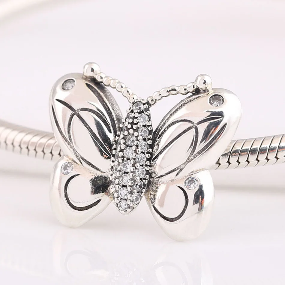 Authentic 925 Sterling Silver Bead Decorative Butterfly With Crystal Charm fit Lady Bracelet Bangle DIY Jewelry