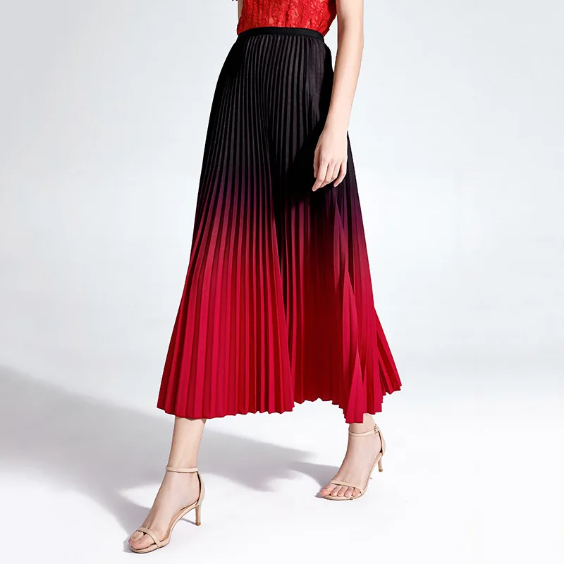 

Pleated Skirt Summer Women's New Fashion Gradient Colour High Waist Slim Casual Elastic Miyake Pleated Skirts Ankle Length