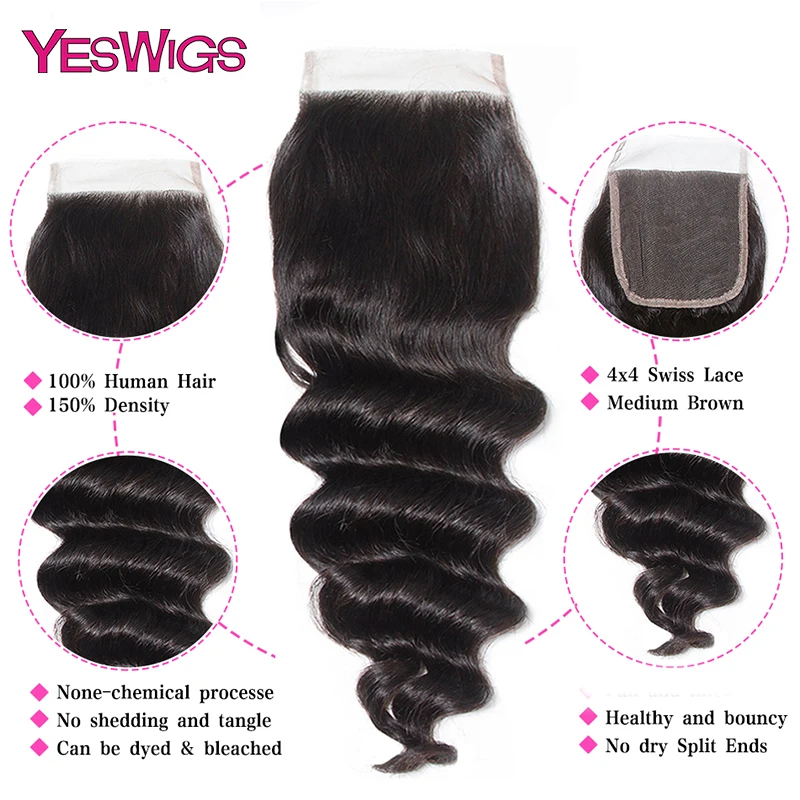 Yeswigs перуанские глубокие свободные волнистые пряди волос с закрытием 4 пряди с закрытием шнурка Remy натуральные кудрявые пучки волос
