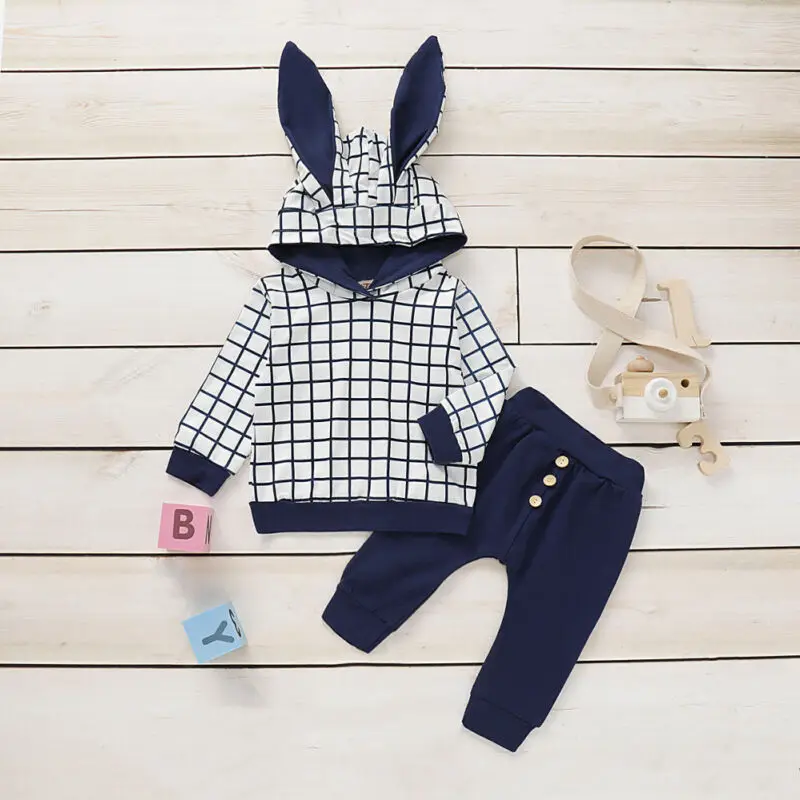 Focusnorm 0-24M Autumn Baby Boy Girl Clothes Set Print Ears Plaid Sweatshirt Tops Long Pants Girl Autumn Outfit Tracksuit