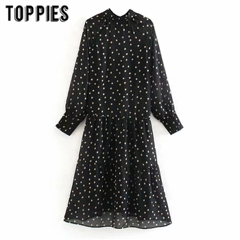 

Black Chiffon Dress Polka Dot Printing Midi Dress Women 2020 Spring Long Sleeve a-line Vestidos