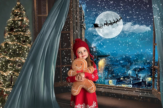 Рождественская Снежинка Большая Луна Дерево фон венок Дети фотография