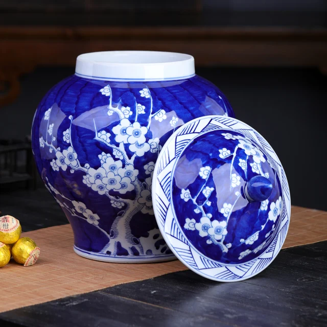 Chinese Style Antique Blue And White General Jar Ceramic Tea Pot Plum Blossom Ornament Storage Tank Jingdezhen Porcelain Crafts 4