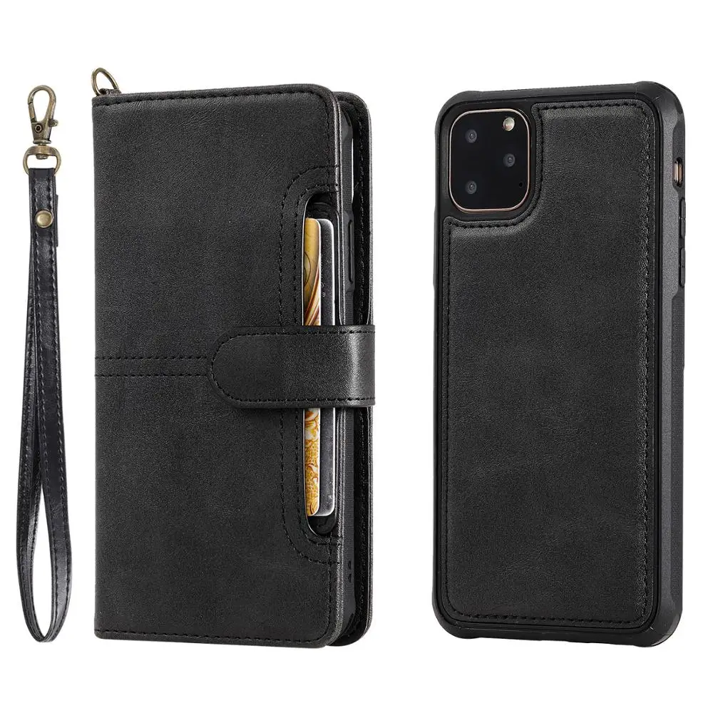black Многофункциональный чехол-бумажник для iphone 11 Pro MAX, роскошный кожаный съемный магнитный флип-чехол, противоударный чехол-подставка - Цвет: black