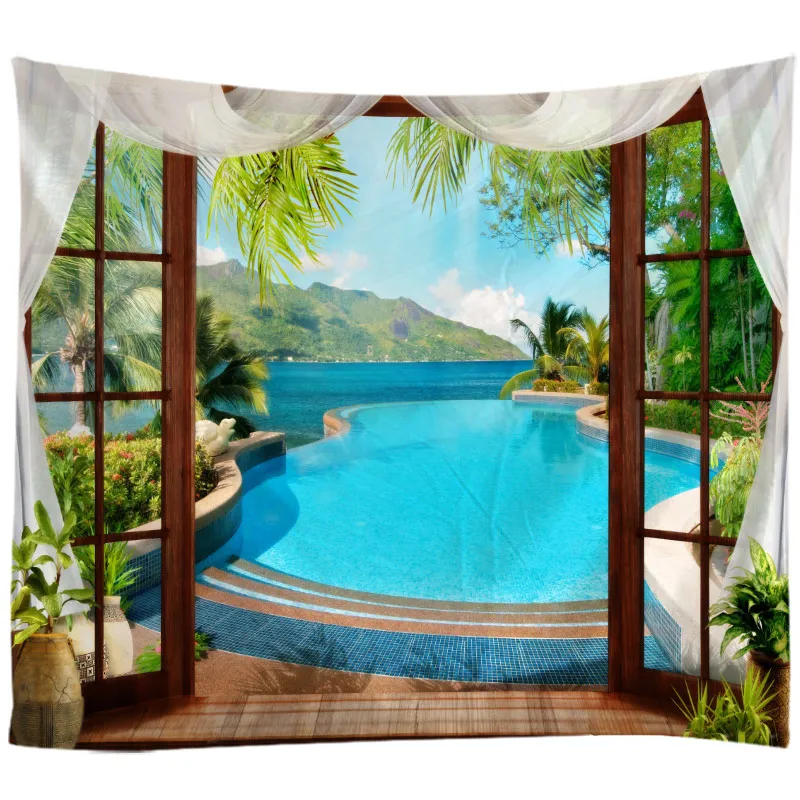

Windows Scenery Tapestry Wall Hanging Cloth Bed Spread Beach Towel Table Cloth Yoga Mat House Decoration Living Room Decoration