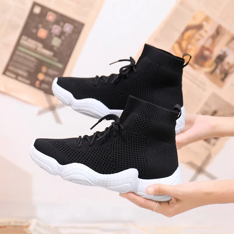 Black high-top Женские кроссовки из сетчатого материала на шнуровке; однотонная обувь на плоской платформе с закрытым носком; тканевая трикотажная женская обувь на танкетке; сезон весна-осень; 812W - Цвет: Black high-top