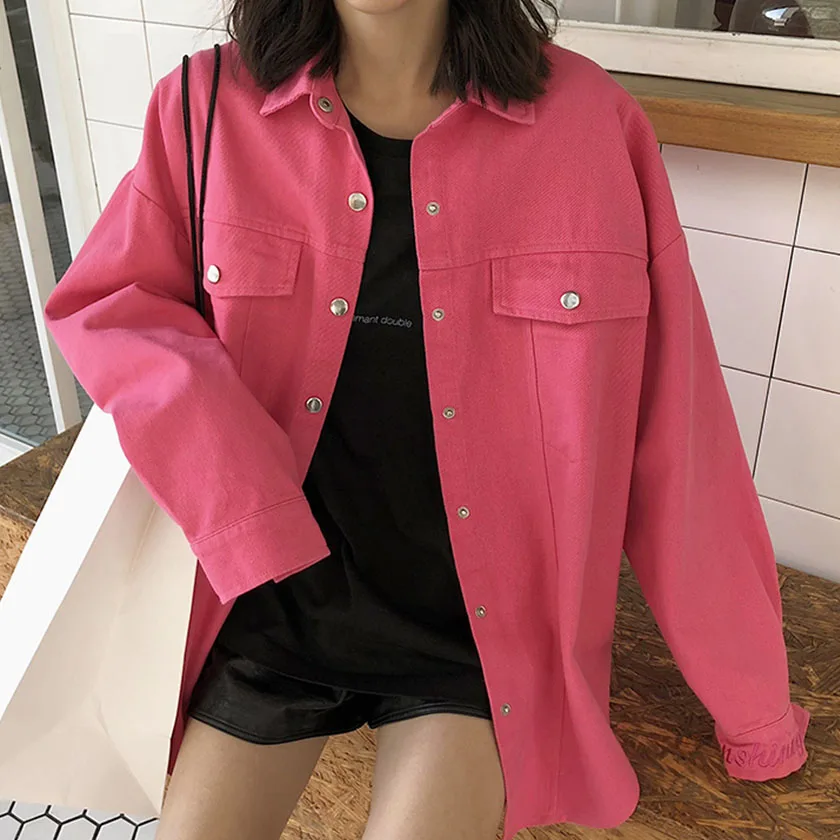 Rose Red Denim Top Новое поступление, Женские однотонные джинсовые джинсы с длинным рукавом и вышивкой, Свободная блуза с отложным воротником, рубашки на пуговицах, Топ T97902F - Цвет: Rose Red Denim Top