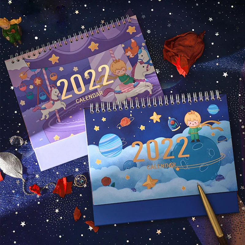 2022 Kawaii Cute Planet Prince Calendar with Sticker Coil Schedule Creative Desk Table Dates Reminder Timetable Planner sl3200 weekly monthly check list work plan square paper notebook diary agenda daybook cute ticket memo pads note to do list planner