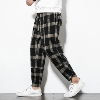 

2019 summer plaid loose nine pants casual haren trend Chinese style Plus size fashion casual pants men's lace pants