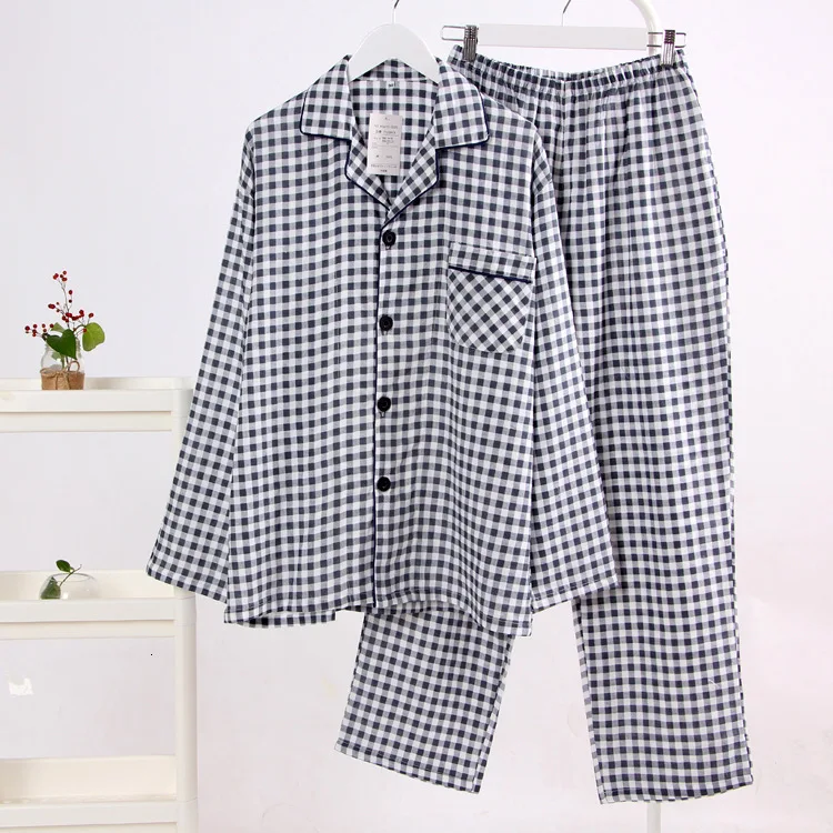 Японский простой комплект пижам в клетку для пары; сезон весна-осень; хлопковые брюки с длинными рукавами; повседневные домашние костюмы для мужчин и женщин; Yukata