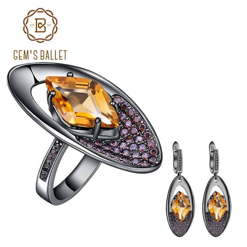 

GEM'S BALLET Real 925 Sterling Silver Ring Earrings Set Natural Citrine Handmade Irregular Jewelry Sets For Women Fine Jewelry