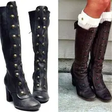 Женская прогулочная обувь; сапоги до колена с заклепками в стиле ретро; сапоги на высоком каблуке на молнии в римском стиле; женские модные заостренные квадратные уличные сапоги