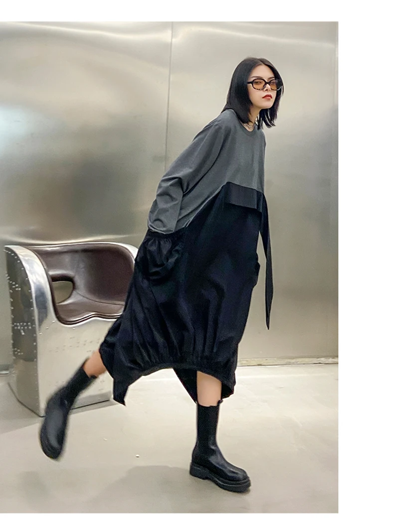 [EAM] Women Gray Contrast Color Big Size Dress New Round Neck Long Sleeve Loose Fit Fashion Tide Spring Autumn 2020 1DA259