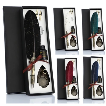 

Durable Calligraphy Feather Dip Pen with 2 Nib Set Quill Fountain Writing Creative Vintage Stationery Classic Texture Gift Box