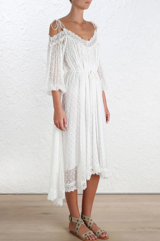VSUE White Black Lace Dress Polka Dot Midi Chiffon Strap V Neck Off Shoulder Summer Loose Beach Sundress Long Boho D0178 | Женская