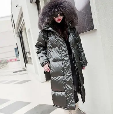 Fur collar Зимний пуховик женская верхняя одежда длинный с капюшоном утепленный яркий большой меховой воротник белый утиный пух пальто женские куртки - Цвет: Fur collar